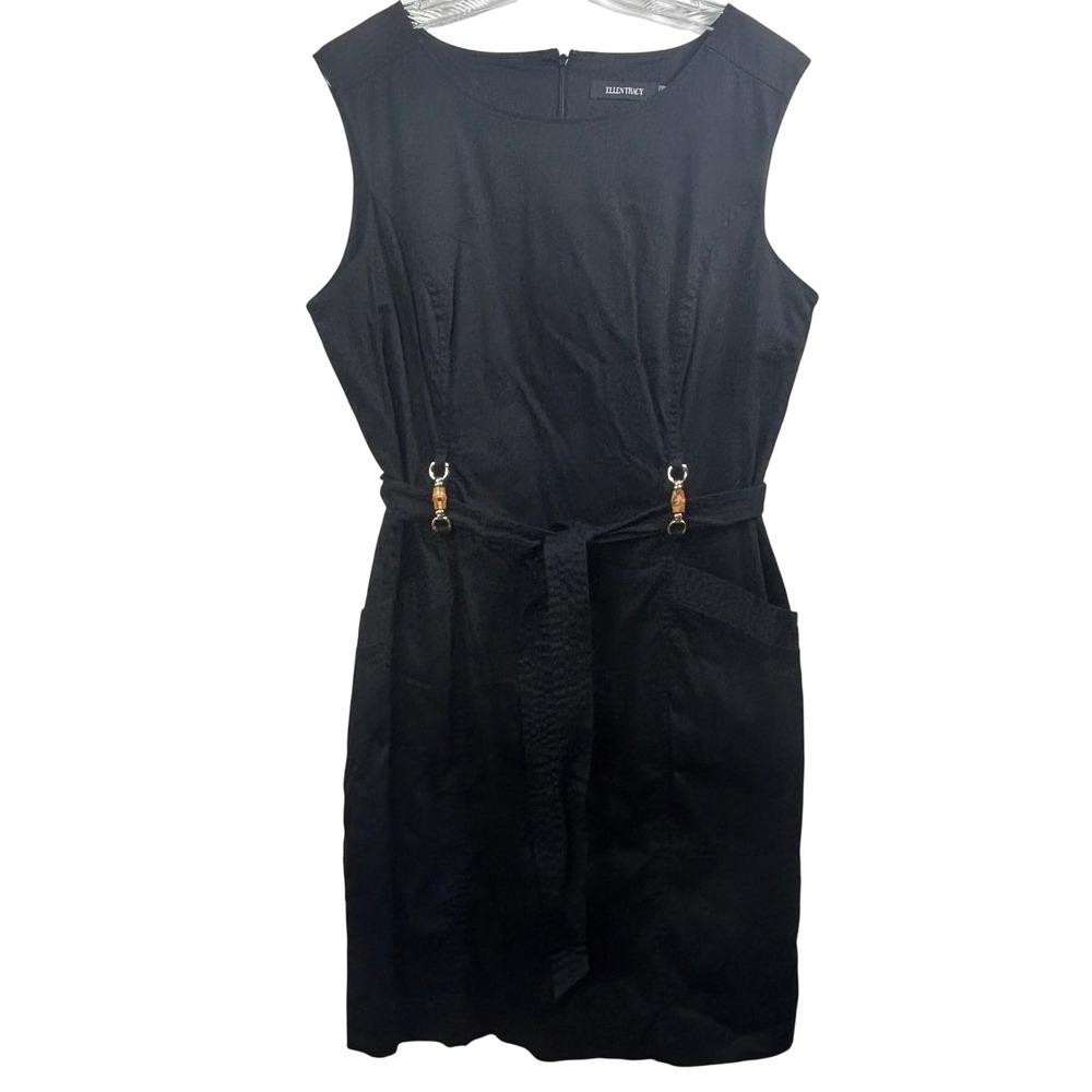 Ellen Tracy Black Sleeveless Sheath Dress Bamboo Belted Pockets Size 16